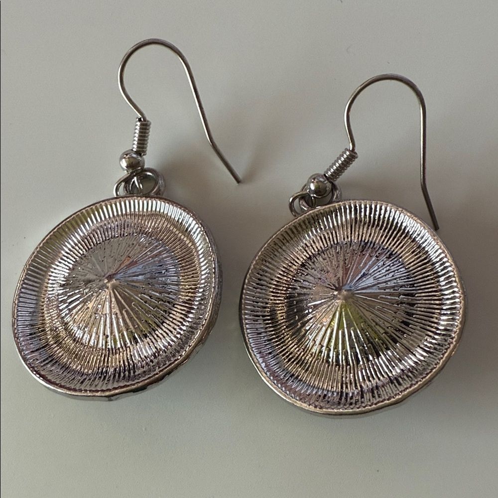 Silver Tone Round Dangle Earrings Brown Stone Center - Picture 2 of 3